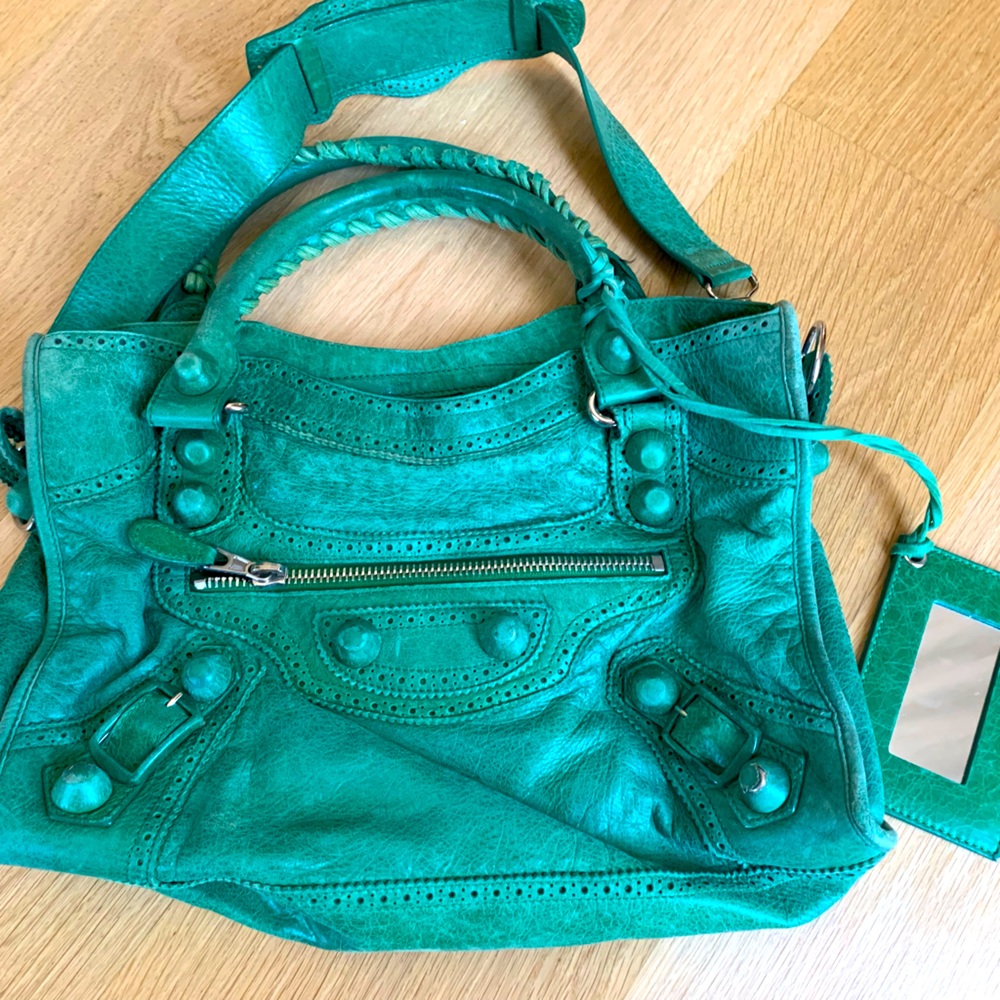 Green authentic Balenciaga city leather tote bag